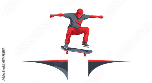 Dynamic Skater Executes Thrilling Mid-Air Jump Over Graphic Gap In Bold Illustration