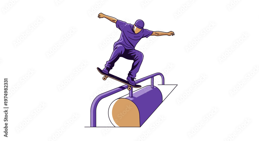 Naklejka premium Dynamic Skater Performing Extreme Trick On Rail With Bold Purple Hues
