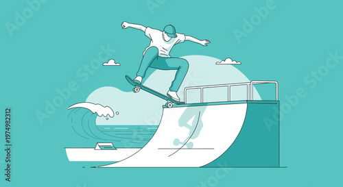 Dynamic Skateboarder Performing Aerial Stunt Over Ocean Waves