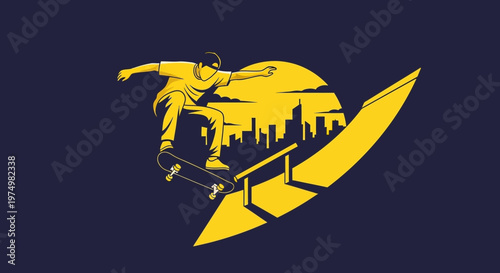 Dynamic Skater Performing Tricks Against A Stylized Cityscape Background