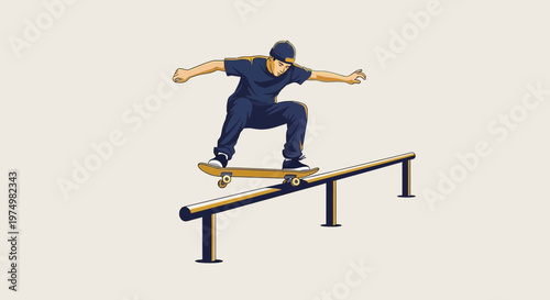 Dynamic Skater Performing Grinding Trick On Rail With Style And Focus