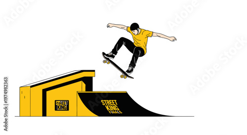 Dynamic Skater Performs Aerial Stunt Over Vibrant Yellow Ramp