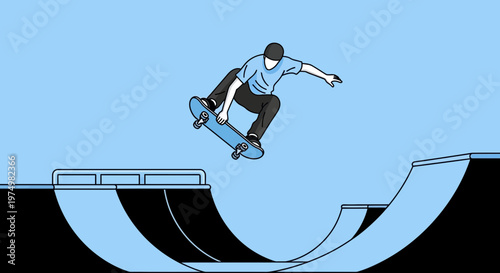 Dynamic Skater Performs Aerial Trick Over Modern Skatepark Ramps