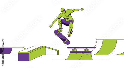 Dynamic Skateboarder Performing Aerial Trick in Urban Skatepark Environment