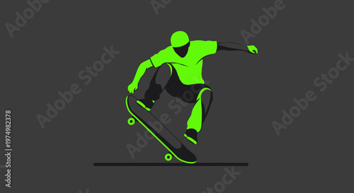 Dynamic Skateboarder Performing Aerial Trick Bold Neon Green Outline Style