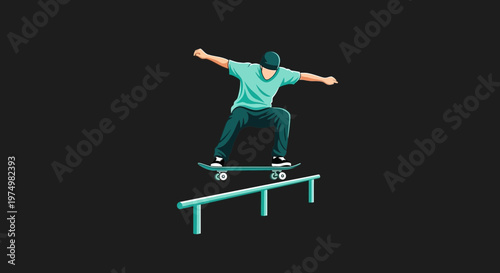 Dynamic Skater Performs Rail Grind Trick in Vivid Graphic Illustration Style