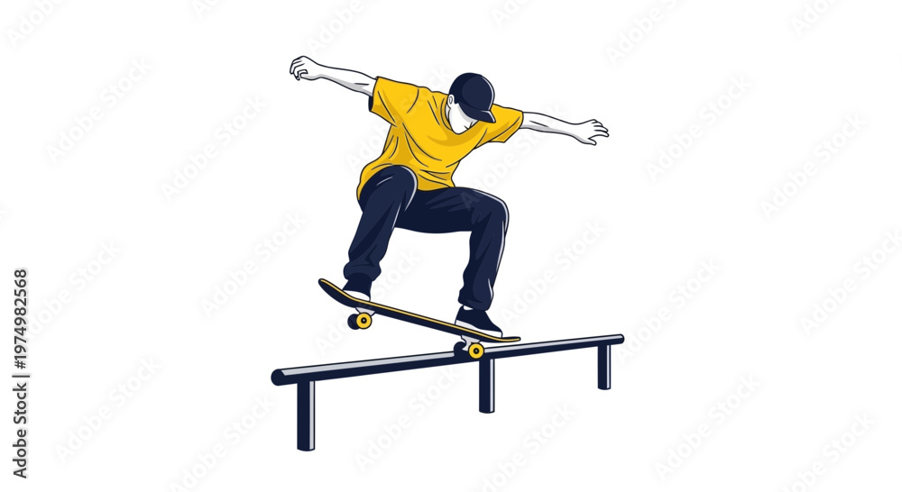 Naklejka premium Dynamic Skateboarder Performing Grinds On Rail Vibrant Illustration Capturing Action And Skill