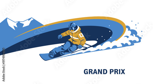 Dynamic Snowboarder Carving Down a Snowy Mountain Slope with Grand Prix