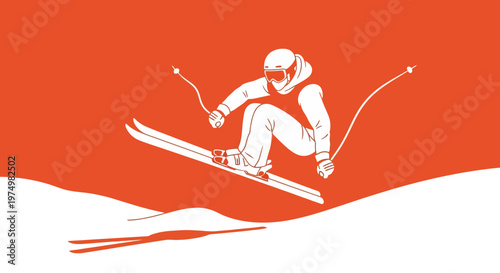 Dynamic Skier Mid-Air Freestyle Jump Against Bold Orange Background