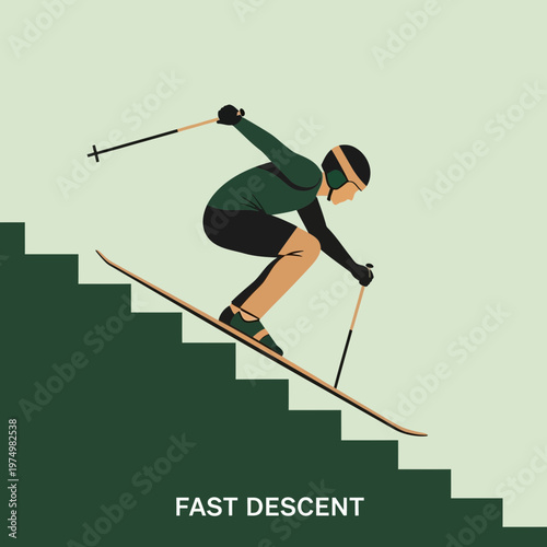 Dynamic Skiing Descent Down Abstract Staircase Graphic