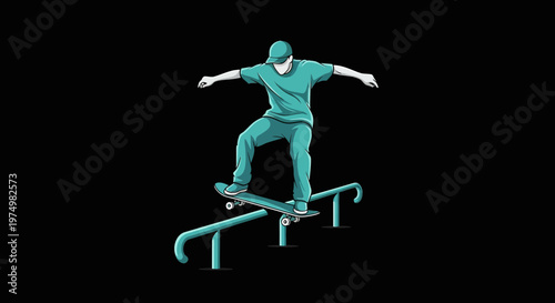 Dynamic Skateboarder Performing Grinding Trick on Urban Railing