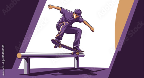 Dynamic Skateboarder Performing Grinding Trick On Rail Urban Extreme Sport Graphic