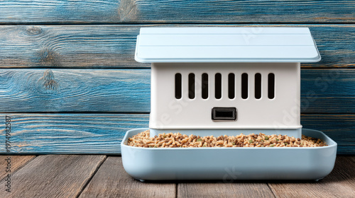 A chicken feeder full of grain