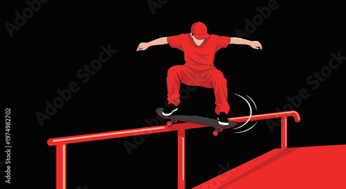 Dynamic Skateboarder Performing Trick On Red Rail Against Black Background