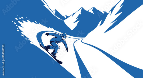 Dynamic Snowboarder Carving Down Snowy Mountain Trail