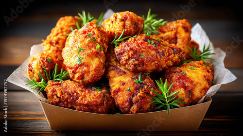 A cardboard bucket full of fried chicken