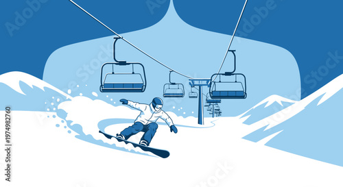 Dynamic Snowboarder Carving Down Snowy Slope Under Chairlift