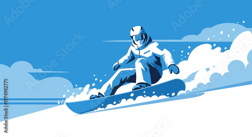 Dynamic Snowboarder Carving Down Snowy Slope With Splashing Powder
