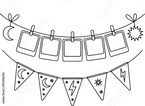 Black and white outline of a string of polaroid and decorative pennant banner with celestial and lightning bolt motifs