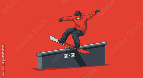 Dynamic Snowboarder Executes 50-50 Grind Trick Against Bold Red Background