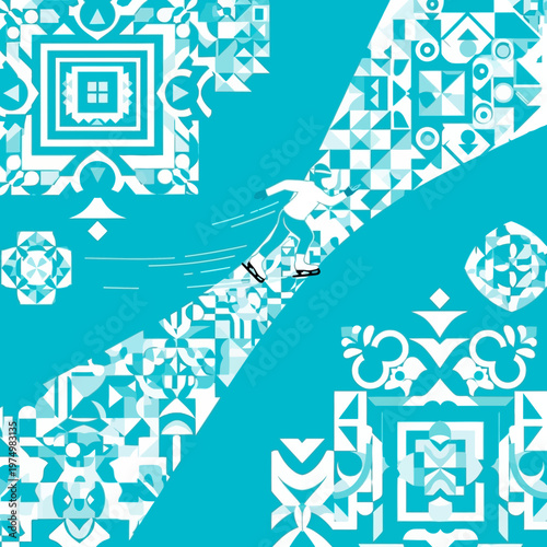 Dynamic Snowboarder Amidst Abstract Geometric Patterns In Turquoise Hues