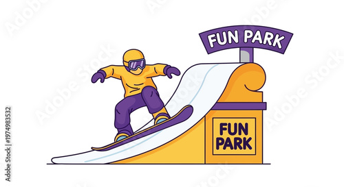 Dynamic Snowboarder Soaring Through Fun Park On Snowy Ramp Illustration