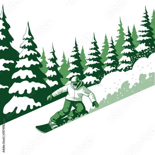 Dynamic Snowboarding Action Amidst Evergreen Forest Winter Thrills