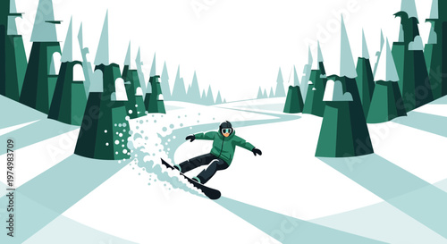 Dynamic Snowboarding Adventure Through Winter Forest Scenery
