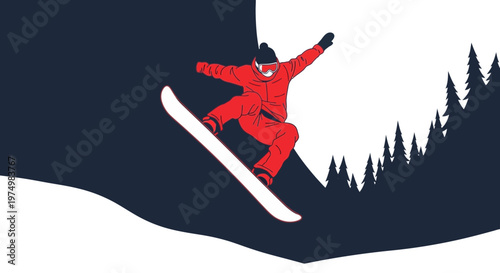 Dynamic Snowboarding Jump On Mountain Slope With Forest Silhouette
