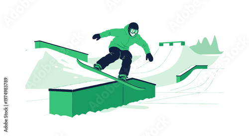 Dynamic Snowboarding Trick Performed In A Winter Park With Green Rails