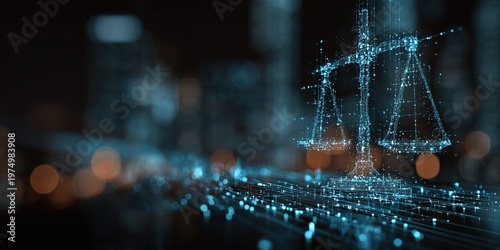 Innovative Framework for Technology Law in Corporate Governance and AI Standards Urban Business District Digital Art Nighttime Cityscape Futuristic Perspective