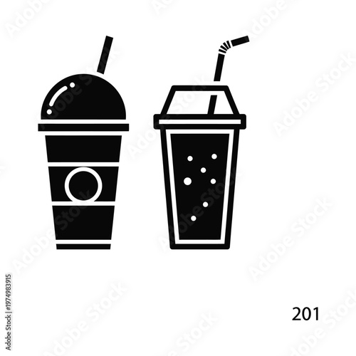 Two stylized black and white drinks with straws in different cup designs
