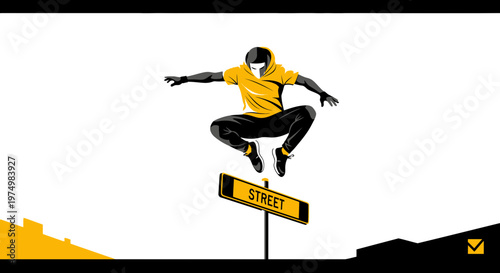 Dynamic Street Athlete Leaping Over Road Sign