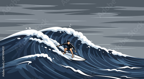 Dynamic Surfer Rides A Powerful Ocean Wave Under A Stormy Sky