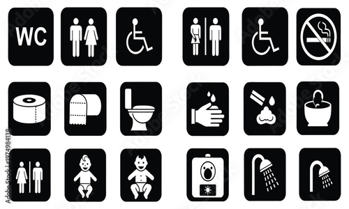 Set of black and white vector graphic bathroom icons and symbols design