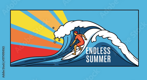 Dynamic Surfer Rides Huge Wave Under Vivid Sunset Sky