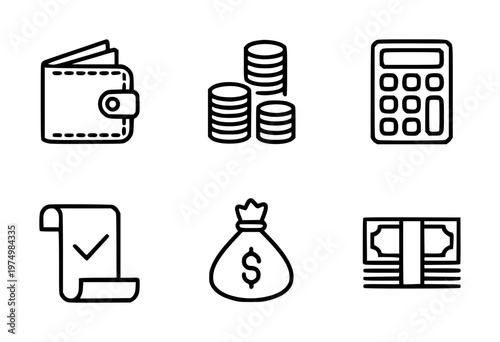 Collection of financial including wallet coins calculator bill money bag and banknotes
