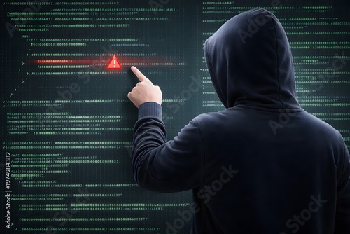Hooded hacker analyzing green code with red warning symbol on dark screen, representing cybersecurity threats, malware detection, and data breach risks.
