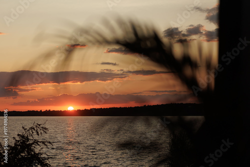 Tropical Sunset Over Water Framed by Palm Leaves