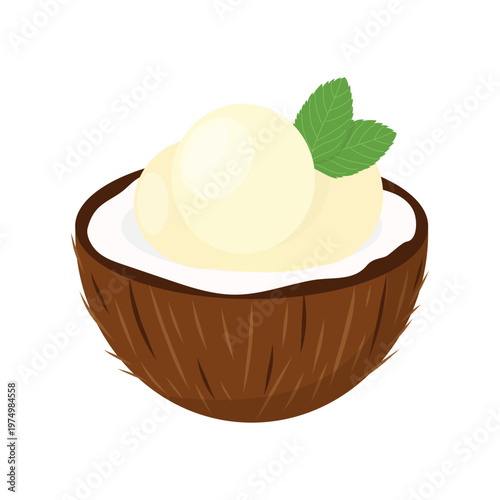 Ice cream in coconut shell with mint leaves. Tropical frozen dessert vector illustration isolated on white background.