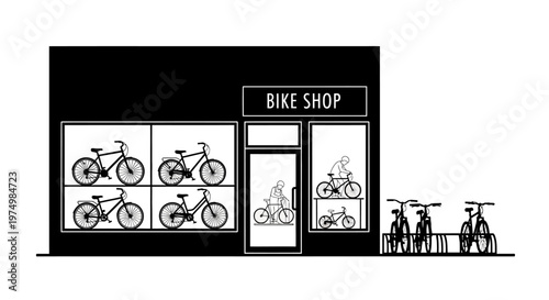 Bike shop storefront, bicycle store illustration, cycling retail, vector graphic