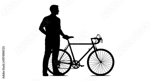 Black silhouette of man standing with bicycle, bike rider icon, cycling illustration, vector graphics