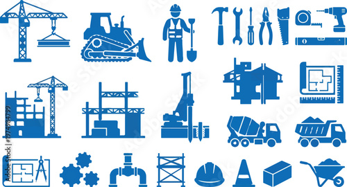 Construction icons, building symbols, industrial signs, blue vector graphics