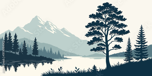 A solitary evergreen tree stands against a layered mountainous backdrop