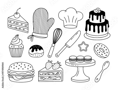 Hand Drawn Baking Collection Cake Cupcake Donut Macaron Star Cookie Whisk Mitten Chef Hat