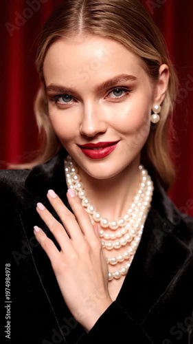 A beautiful woman wearing a classic pearl necklace and elegant black clothing poses for a portrait