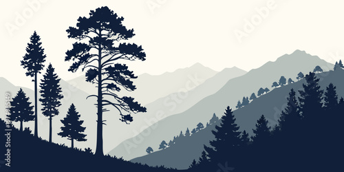 Majestic mountain range with towering snow-capped peaks and evergreen trees