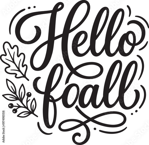 Hello fall autumn season leaf graphic typography vector illustration print design modern style art silhouette