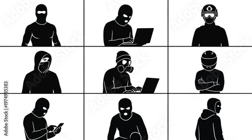 Vector illustration of masked individuals in various poses and attire