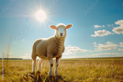 Sheep grazing in open meadow, bright blue sky above